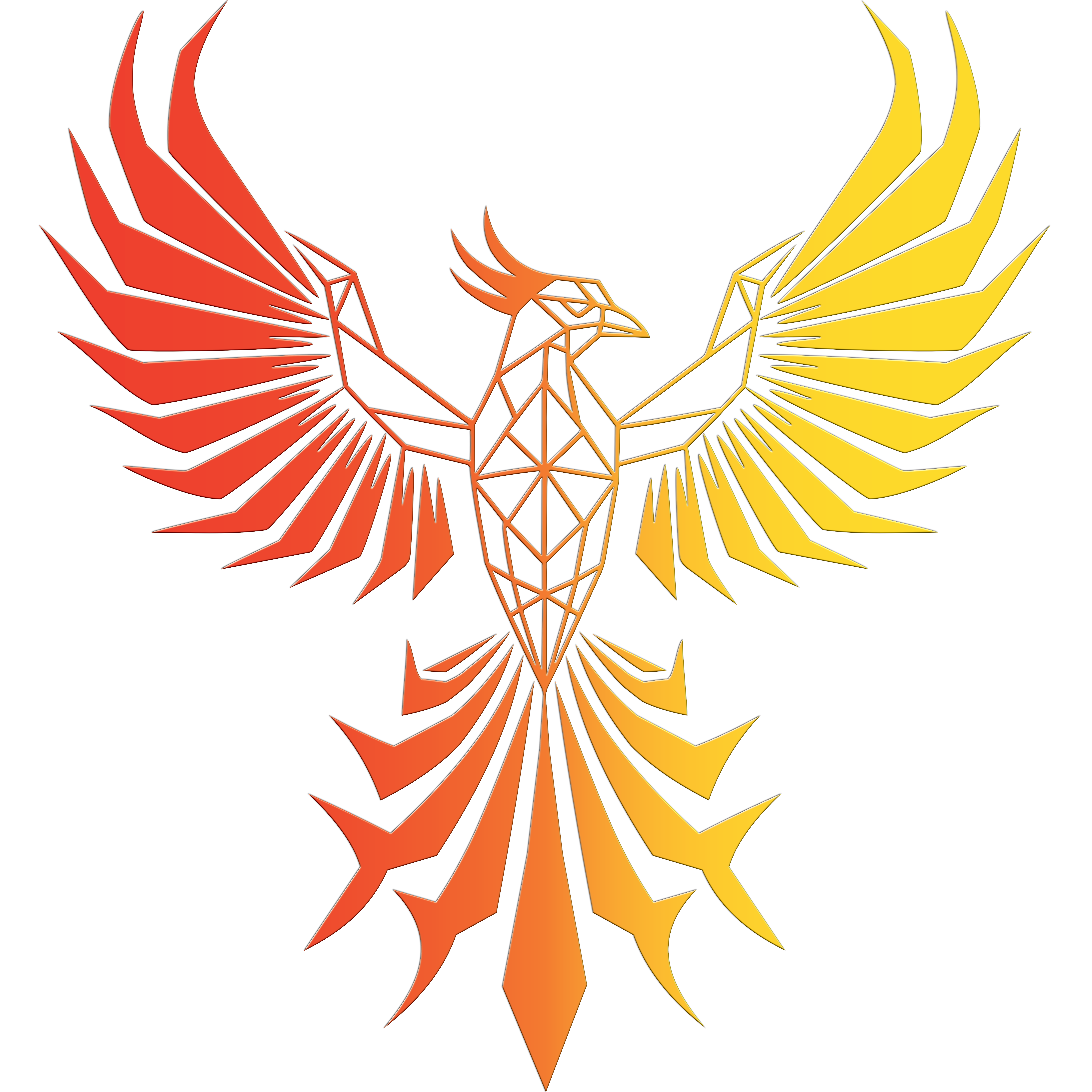 Feniks o geometrycznym korpusie i rozpostartych skrzydłach w kolorach przechodzących od czerwieni do żółci — symbol odrodzenia i siły w stylu polygonal gradient.