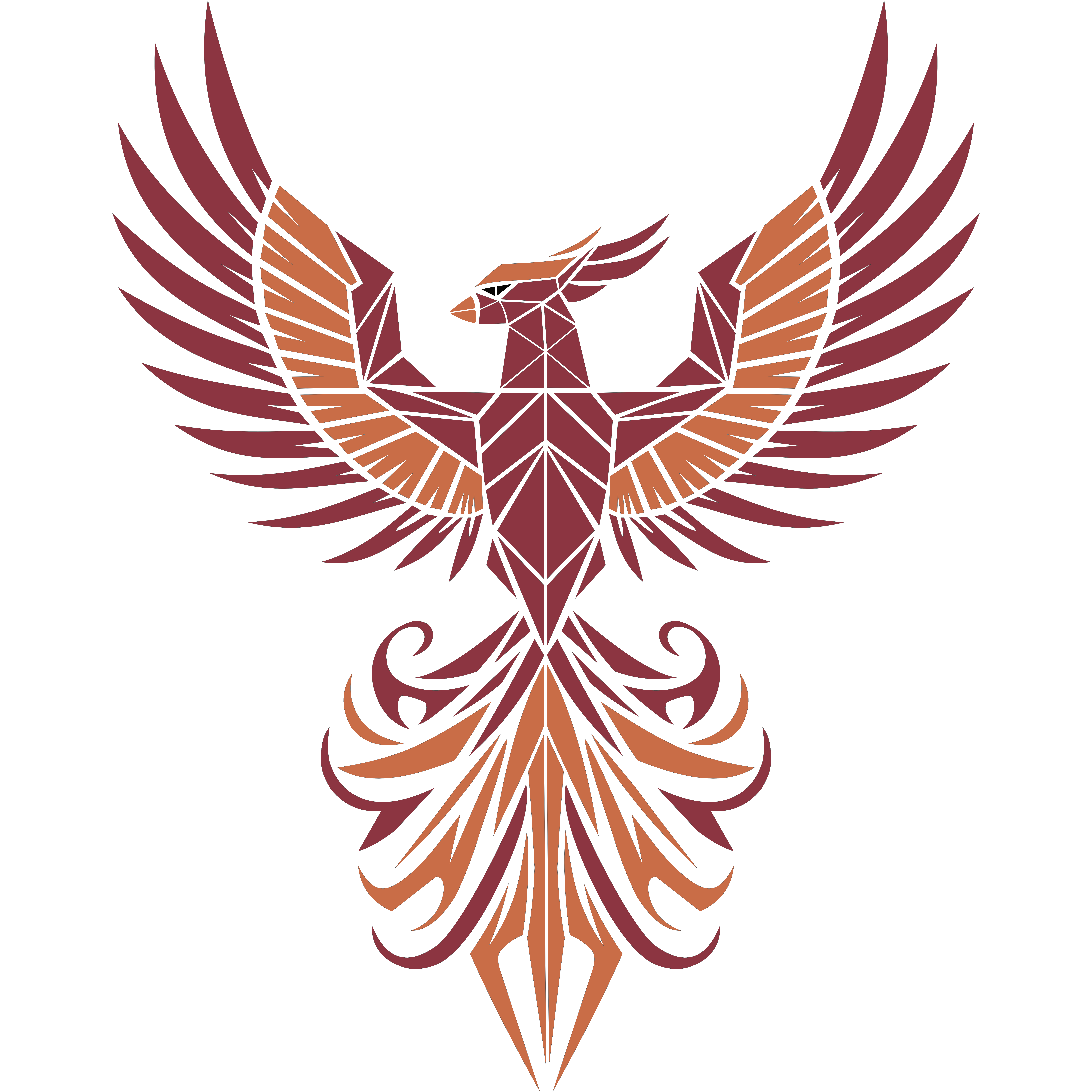 Feniks o sylwetce zbudowanej z geometrycznych segmentów i dekoracyjnym ogonem w odcieniach burgundu i miedzi — symbol siły, transformacji i elegancji.