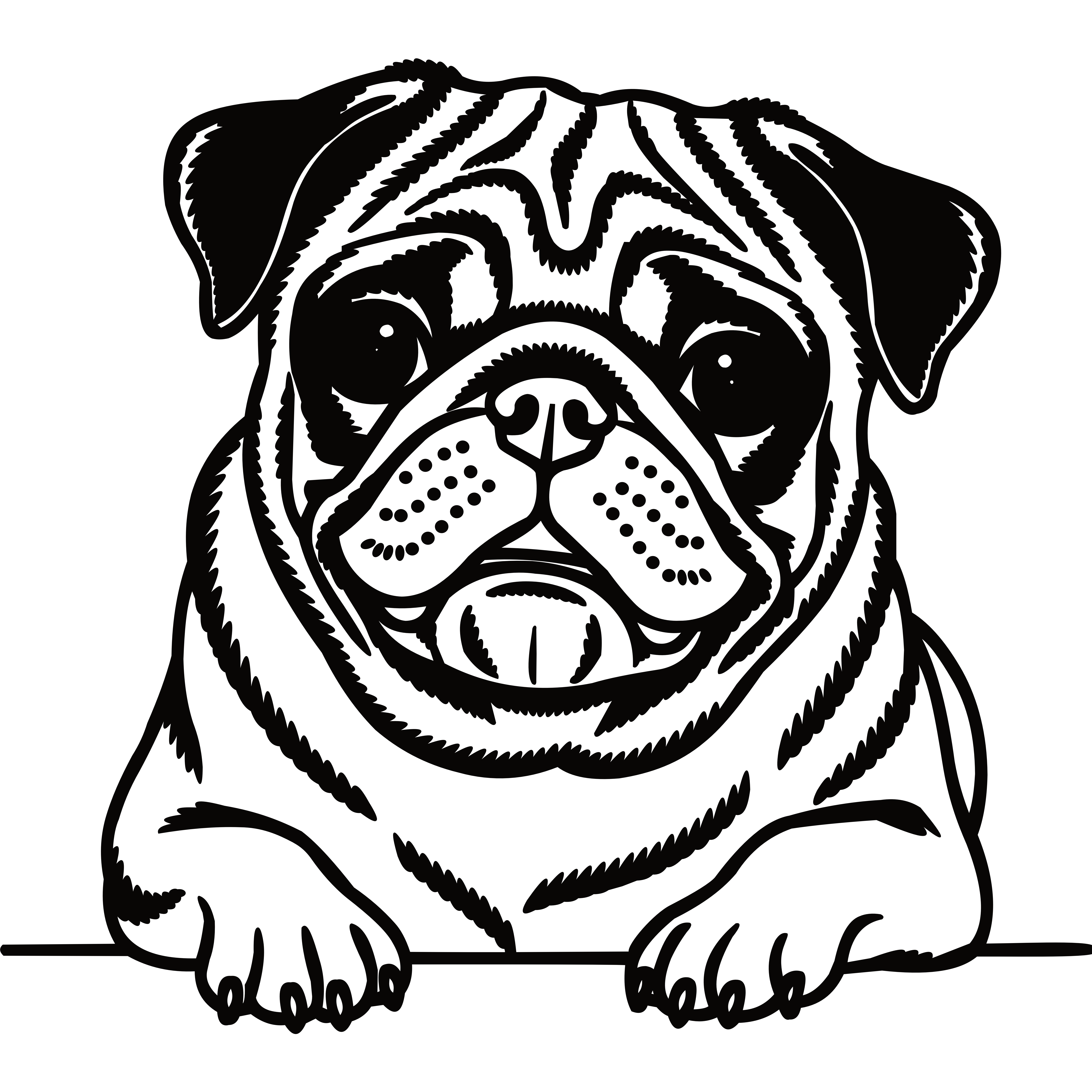 Graficzny portret mopsa w stylu tatuażu — z dużymi oczami i charakterystycznymi fałdami skóry, spoglądający wprost zza poziomej linii.