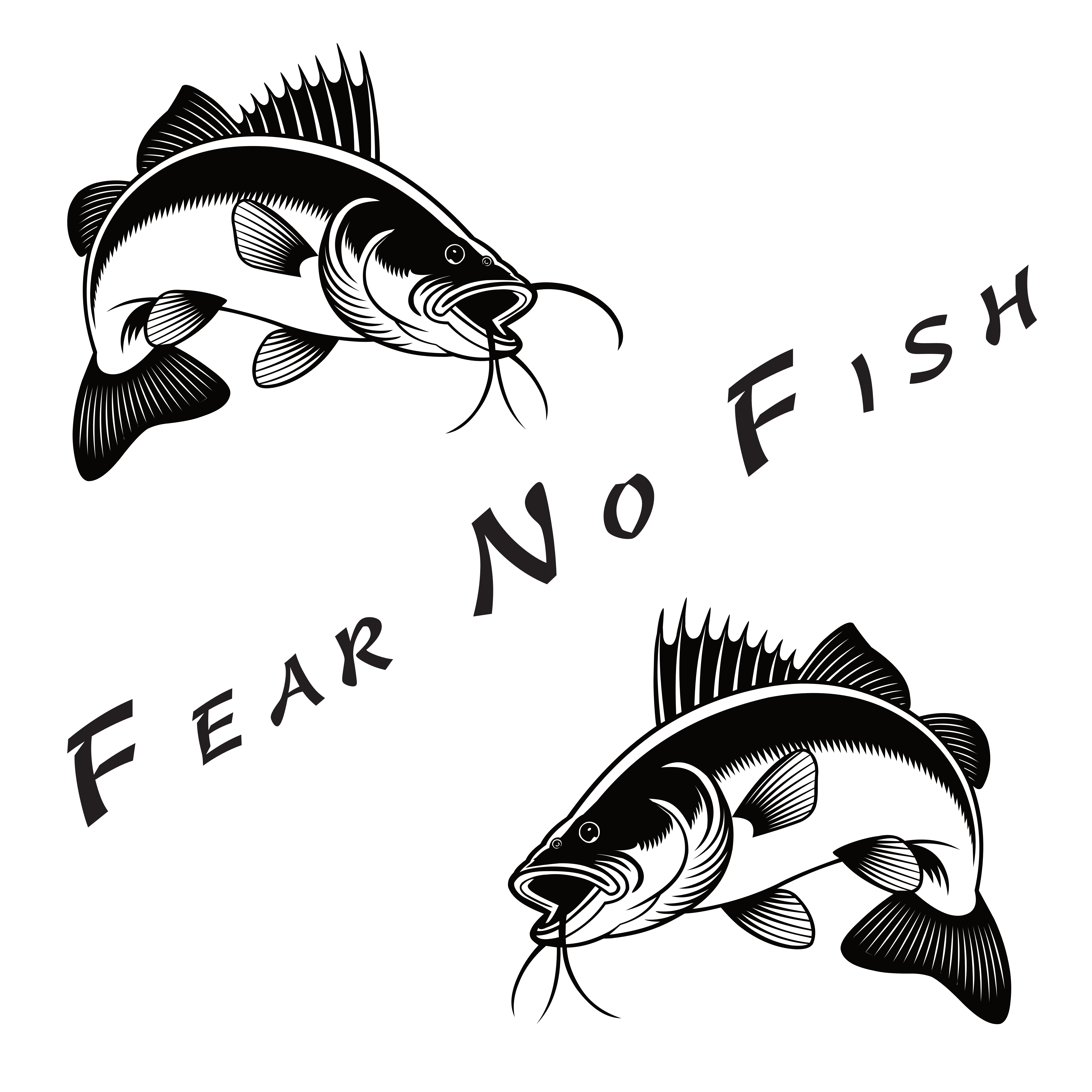 Grafika dwóch ryb drapieżnych z wyszczerzonymi pyskami i napisem „Fear No Fish” w układzie łukowym — kompozycja w stylu tatuażu wędkarskiego.