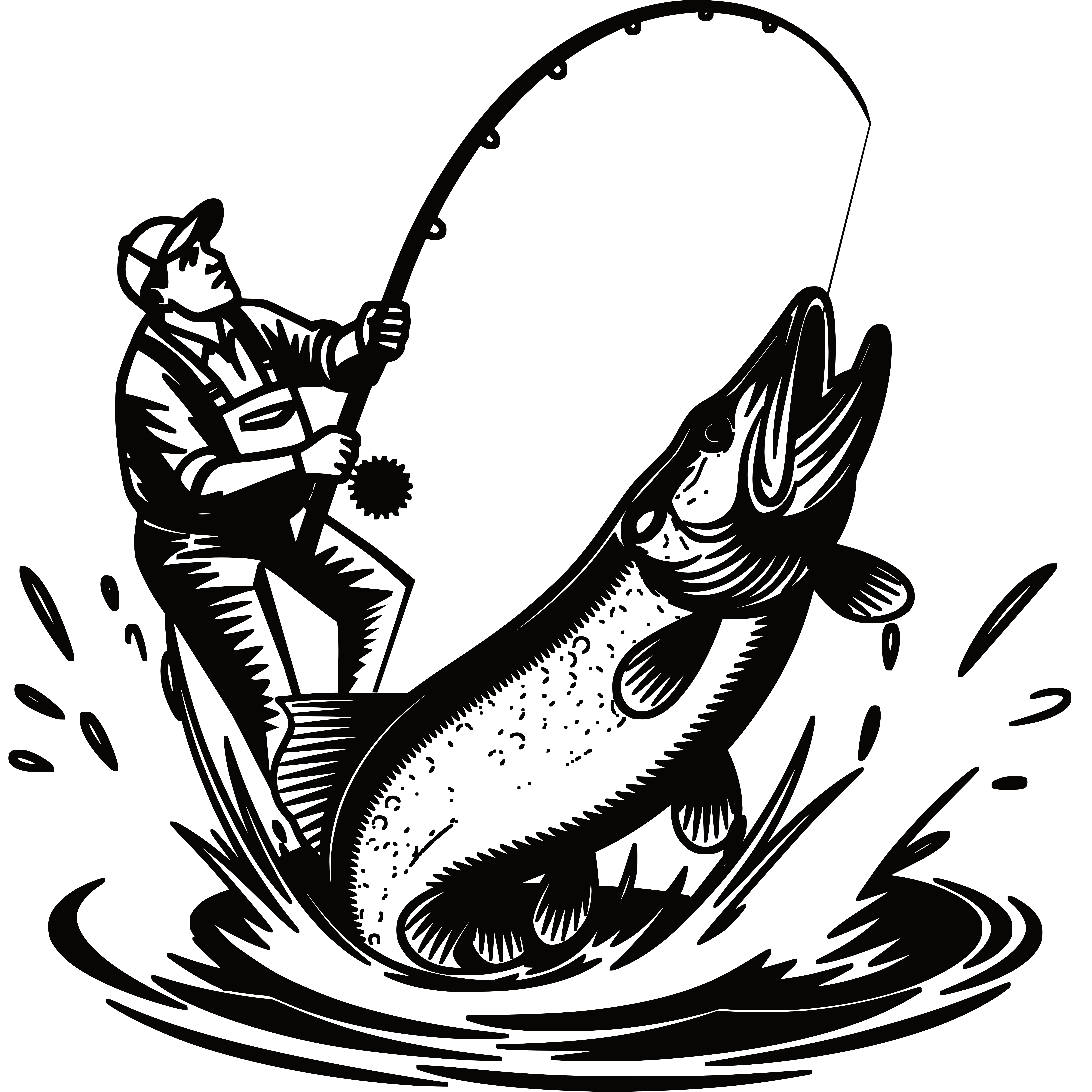 Grafika w stylu tatuażu przedstawiająca wędkarza holującego ogromnego szczupaka wyskakującego z wody — dynamiczna scena z silnym kontrastem i ruchem.